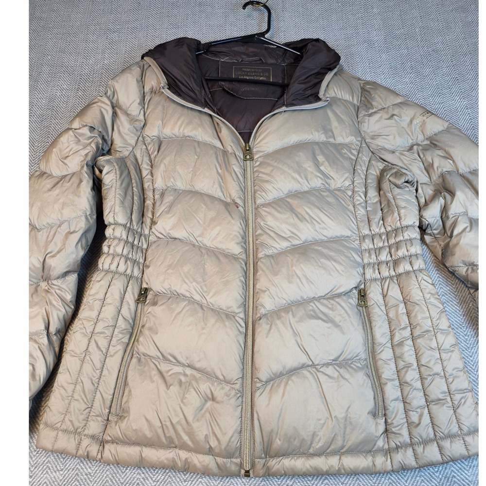 Lucky Brand Womens Puffer Jacket Champagne Down Fill Hooded L/B 443/5803-213